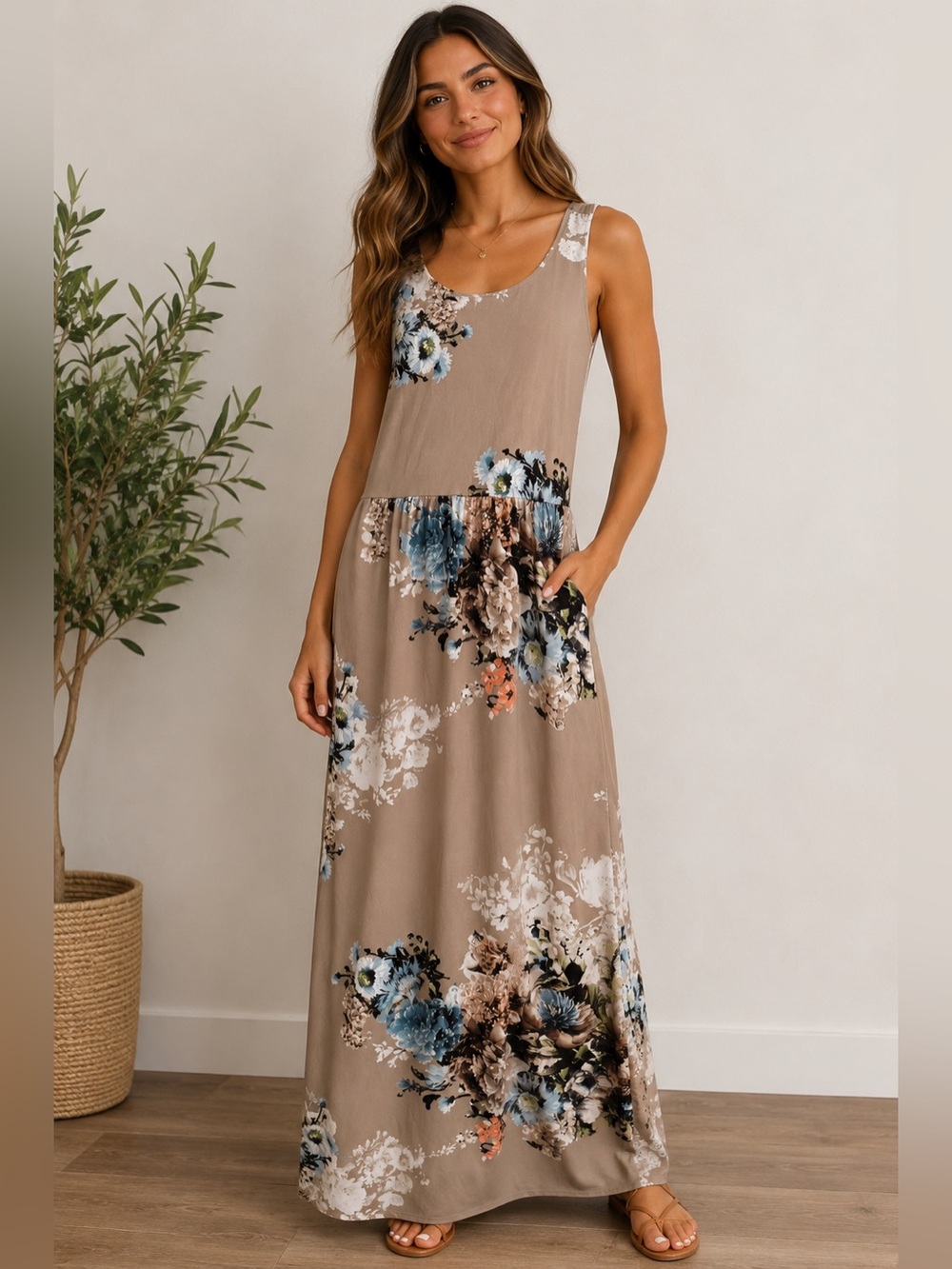 Saved by the Dress Floral Print Taupe Blue & Blush Maxi Dress with Pockets Sz S